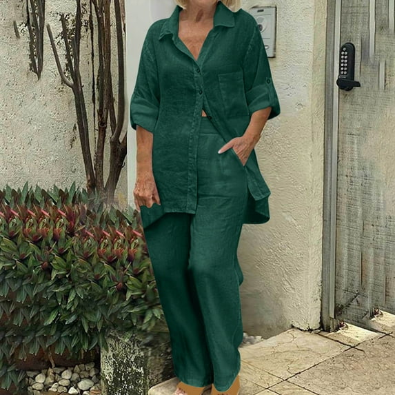 Idoravan Womens Lounge Sets Clearance Women's Summer Suit Fashion Solid Color Long Sleeve Trousers Casual Two-Piece Suit