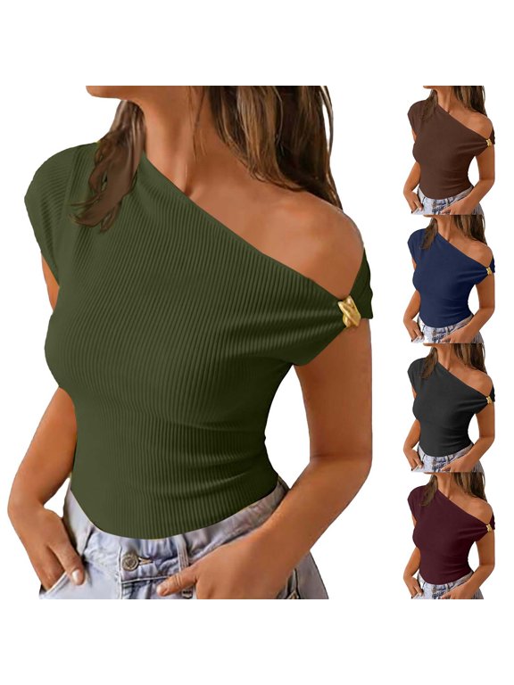 Womens One Shoulder Going Out Tops Women's Casual Fashion Solid Knitted Pit Strip Color Slashed One-Shoulder Short Sleeve Top