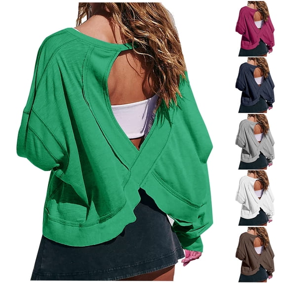 Idoravan Womens Open Back Workout Top Long Sleeve Athletic Shirts Casual Crop Running Tee Womens Open Back Workout Backless Short Sleeve Athletic Shirt Running Crop Top Gym Yoga Tee