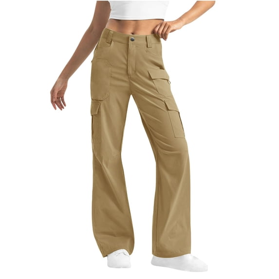 Idoravan Womens Pant Cargo Pants for Women with Pockets Womens Casual Solid High Waist Outdoor Pocket Pants Overalls Khaki L