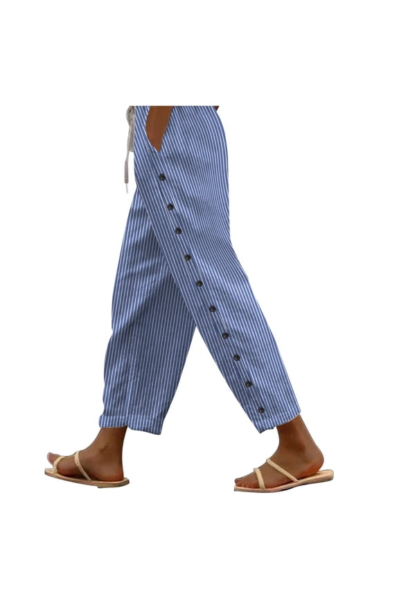 Womens Pants with Drawstring Waist Casual Elastic Waist Bandage Women New Fashion Print Button Pocket Pants Full Length Pants