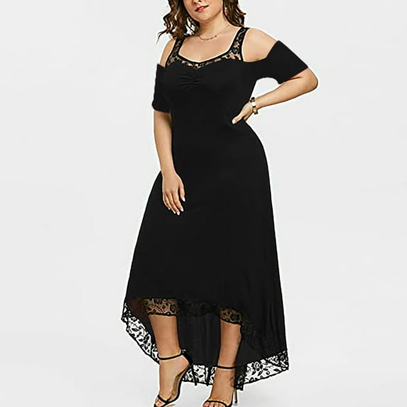 Idoravan Womens Plus Size Casual Dresses Fashion Women Plus Size Sexy Short Sleeve Solid Lace Strapless Maxi Dress