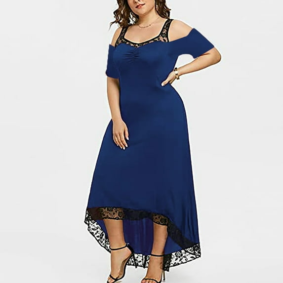 Idoravan Womens Plus Size Casual Dresses Fashion Women Plus Size Sexy Short Sleeve Solid Lace Strapless Maxi Dress