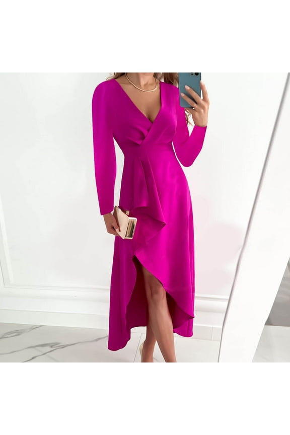 Womens Plus Size Casual Dresses Fashion Women Sexy Casual Buttocks V-Neck Solid Slimming Long Leeve Dress