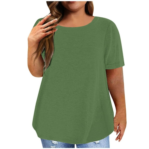 Idoravan Womens Plus Size Shirts Spring Savings Fashion Woman Casual Solid Blouse Round Neck Short Sleeve T-Shirt Summer Plus Size Tops