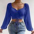 thumbnail image 1 of Idoravan Womens Plus Size Shirts Spring Clothes Women's Long Sleeve Mesh Solid Color Drawstring V-Neck Cropped Top Blouse, 1 of 1
