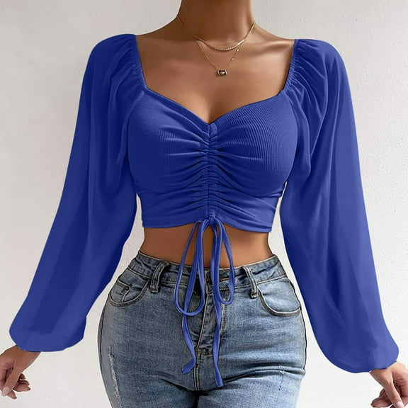 Idoravan Womens Plus Size Shirts Spring Clothes Women's Long Sleeve Mesh Solid Color Drawstring V-Neck Cropped Top Blouse