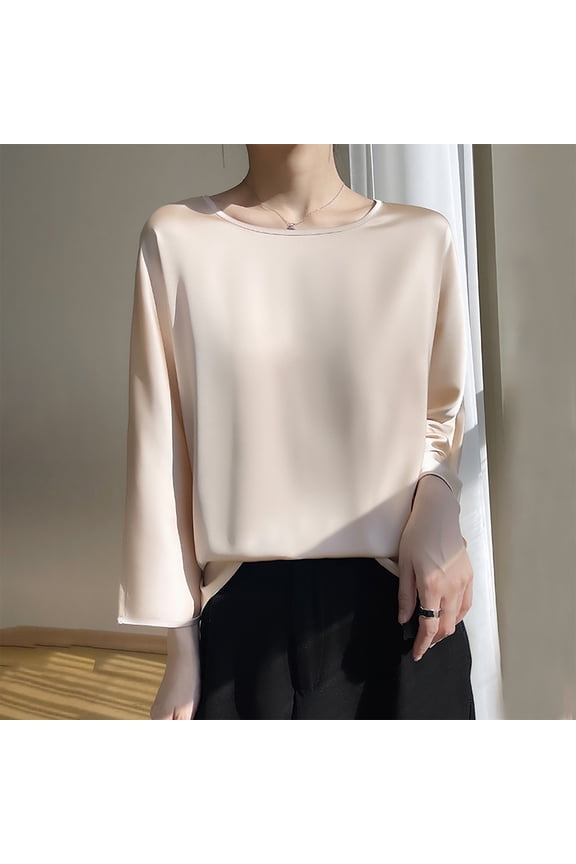 Womens Plus Size Tops,Ladies, Women's Fashion R-Neck Long Sleeve Loose Solid Color Blouse Khaki XL