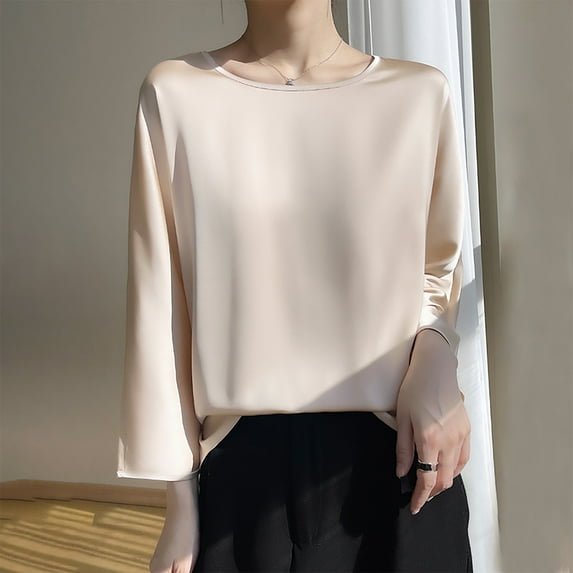 Idoravan Womens Plus Size Tops,Ladies, Women's Fashion R-Neck Long Sleeve Loose Solid Color Blouse Khaki XL