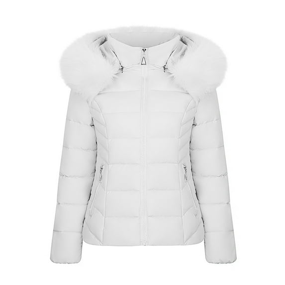 Idoravan Womens Puffer Jackets Sale Women's Winter Cotton Jacket with Hood, Waist, and Plush To Overcome Outer Coat White XXL