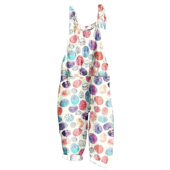 Womens Rompers and Jumpsuits Long Pant Ladies' Easter Print Sleeveless Two Pocket Casual Overalls Jumpsuit Jumpsuit Pants