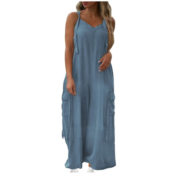 Idoravan Womens Rompers and Jumpsuits Long Pant Women's Fashion Summer Breathable Pockets Solid Color Outwear Loose Wide Leg Jumpsuit