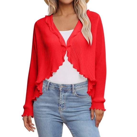 Idoravan Womens Ruffle Top Women's Summer Long Sleeve Sheer Chiffon Cardigan Thin Shawl Top
