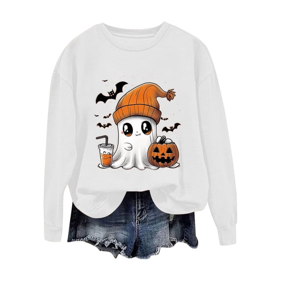 Idoravan Womens Shirts Long Sleeve Tshirts Women's Halloween Solid-color Round-neck Casual Sports Long-sleeved Fleece Sweatshirt Top White M