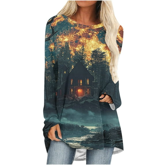 Idoravan Womens Shirts Long Sleeve Women's Halloween Printed Shoulder Length Long Sleeved Round Neck Pullover Top Shirt Multicolor S