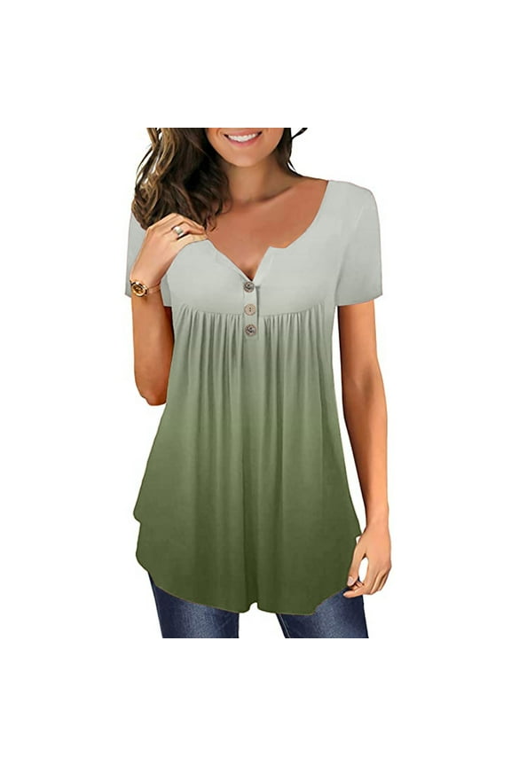 Womens Short Sleeve Loose Tops Tie-dye Gradient Printed V-neck T-shirt