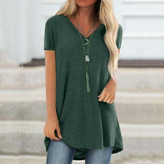 Idoravan Womens Short Sleeve Tops Plus Size Women Fashion Plus Size Print V Neck Short Sleeved Long T-shirt Blouse