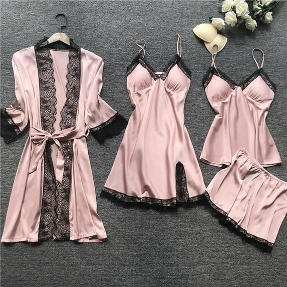 Idoravan Womens Silk Lace Robe Dress Babydoll Sleepwear Nightdress Pajamas Set Four-piece suit