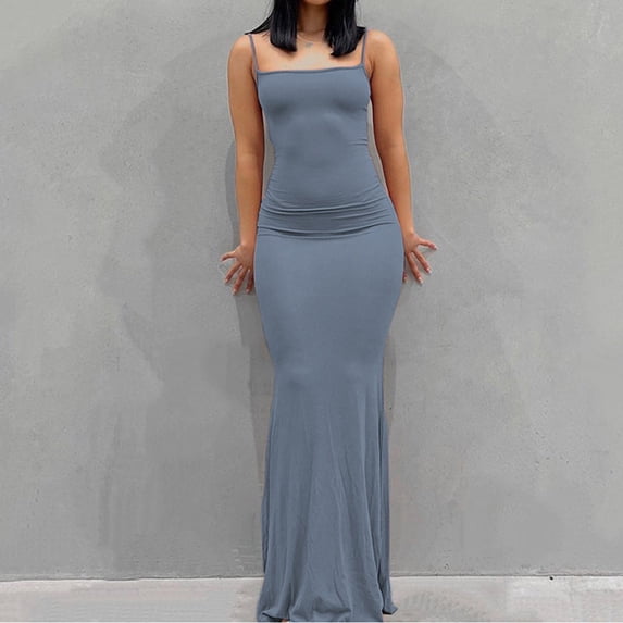 Idoravan Womens Sleeveless Dresses Sexy Women's Fashion Sexy Sleeveless Solid Round Neck Camies Ladies Vest Long Dress