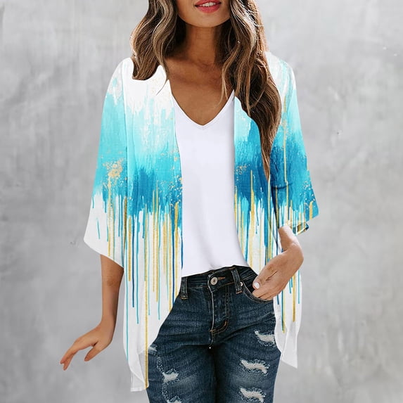 Idoravan Womens Summer Cardigan Short Sleeve Women's Cardigan Casual Leaf Print Overcoat Spring Summer Flower Printed Top