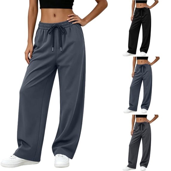 Idoravan Womens Baggy Sweatpants Comfy Loose Pants Womens Summer Casual Fashion Solid Color Sports Fitness Drawstring Double Pocket Straight Pants