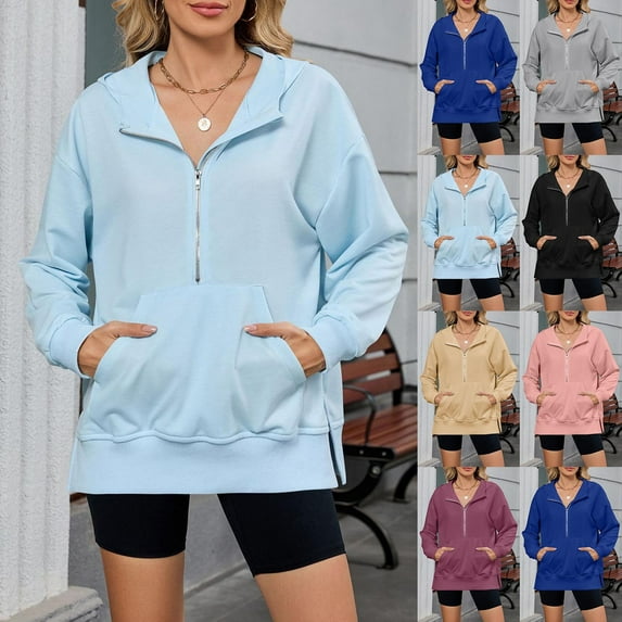 Idoravan Womens Sweatshirts Cheap Womens Hoodies Women's Solid Color Blouses Half Zip Pocket Hem Slit Hooded Sweatshirts Pink XL