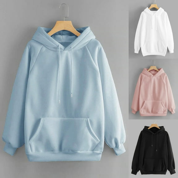 Idoravan Womens Sweatshirts Crewneck Fashion Women Casual Winter Solid Long Sleeve with Frant Pocket Hooded Sweatshirt Pink