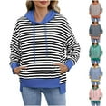 thumbnail image 1 of Idoravan Womens Sweatshirts Crewneck Women's Long Sleeve Drawstring Hooded Striped Pullover Casual Oversized Pullover Sweatshirt for Women with Pockets Pink, 1 of 8