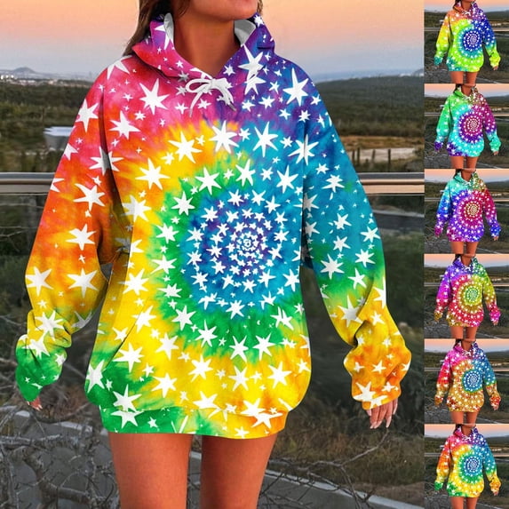 Idoravan Womens Sweatshirts Graphic Women's Printing Blouses Hooded Sweatshirts Long Sleeved Pocket Fashion Top Tie Dye Hoodie Women Light Blue L