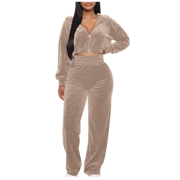 Idoravan Womens Sweatshirts and Pants Women Casual Color Clothes Sports Suit Long Sleeve Pants Two Piece Set Khaki