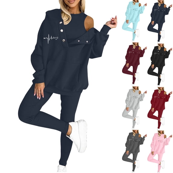 Idoravan Womens Sweatshirts and Pants Women Sweat Suit Hoodie And Leggings Casual And Comfortable Sweatshirt 3 Piece Suit