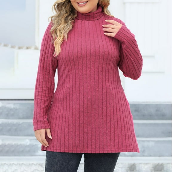 Idoravan Womens T Shirts Long Sleeve Crew Neck Basic Tee Fashion Women's Button Long Sleeve Turtleneck Blous Casual T-shirt Top Solid Blouse Hot Pink XL