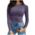 thumbnail image 1 of Idoravan Womens T Shirts Long Sleeve Crew Neck Basic Tee Women's Fall Fashion Long Sleeve Stretch Slim Fitted Ribbed T-Shirt Blouse Solid Basic Tops Purple XL, 1 of 5