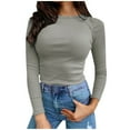 thumbnail image 1 of Idoravan Womens T Shirts Long Sleeve Crew Neck Basic Tee Women's Fall Fashion Long Sleeve Stretch Slim Fitted Ribbed T-Shirt Blouse Solid Basic Tops Dark Gray M, 1 of 5