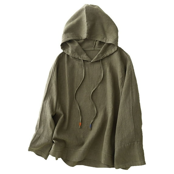 Idoravan Womens Tops Casual Loose Fit Linen Shirts for Women Long Sleeve Fashion Women's Long Sleeve Womens Hoodies Drawstring Hooded Sweatshirts for Woman Casual Comfy Regular Solid Tops
