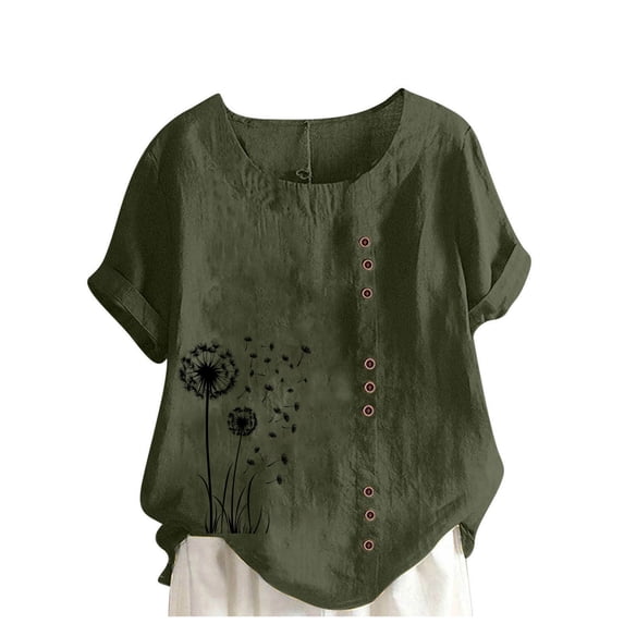 Idoravan Womens Tops under $10 Women Fashion Casual Linen Top Printed Short Sleeve Button T-shirt Blouse Top