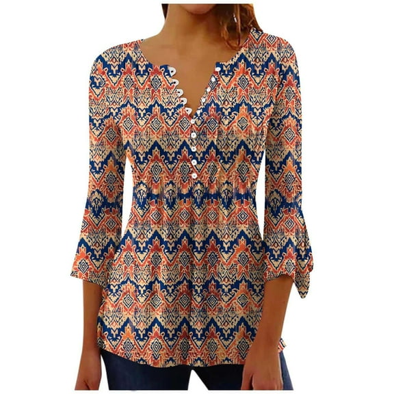 Idoravan Womens Tops under $5 3/4 Sleeve Shirts for Women Women's Printed Casual Button Pleated Belted Horn 3/4 Sleeve