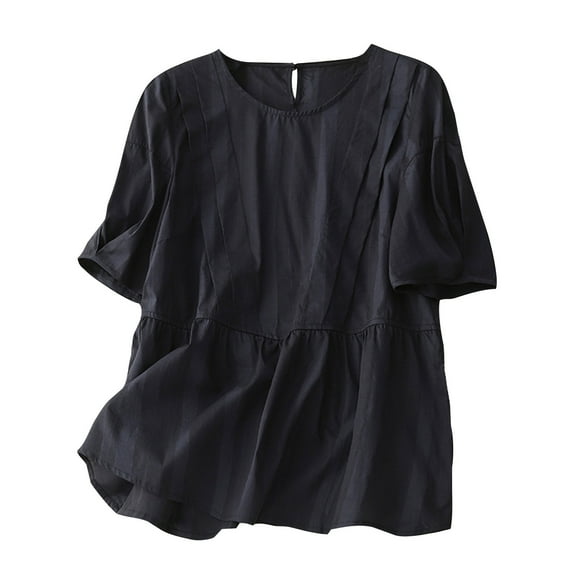 Idoravan Womens Tops Dressy Casual Women's Spring Summer Casual Short Sleeve Round-Neck Solid Color Plaid Buttons