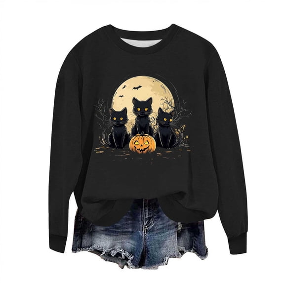 Idoravan Womens Tops Long Sleeve Shirts for Women Women's Loose And Casual Halloween Printed Long-sleeved Round-neck Capless Sweater Black L