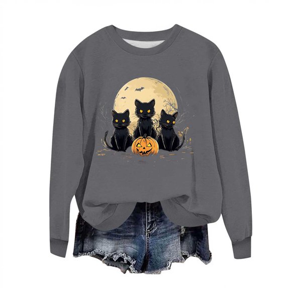Idoravan Womens Tops Long Sleeve Shirts for Women Women's Loose And Casual Halloween Printed Long-sleeved Round-neck Capless Sweater Gray L