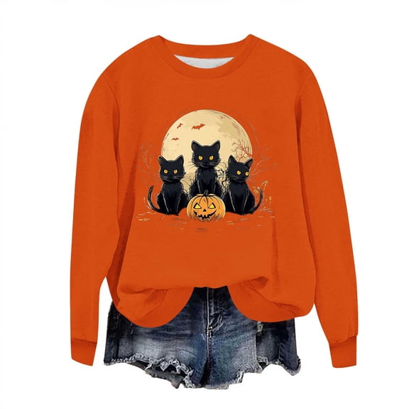 Idoravan Womens Tops Long Sleeve Shirts for Women Women's Loose And Casual Halloween Printed Long-sleeved Round-neck Capless Sweater Orange M