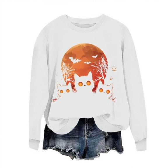 Idoravan Womens Tops Long Sleeve Shirts for Women Women's Loose And Casual Halloween Printed Long-sleeved Round-neck Capless Sweater White XL