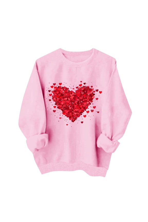 Womens Tops Petite Size Women's Round Neck Valentine's Day Printed Heart Shape Print Sweatshirt Long Sleeved Top Loose Sweatshirt Sweatshirt for Women Graphic Pink Xs