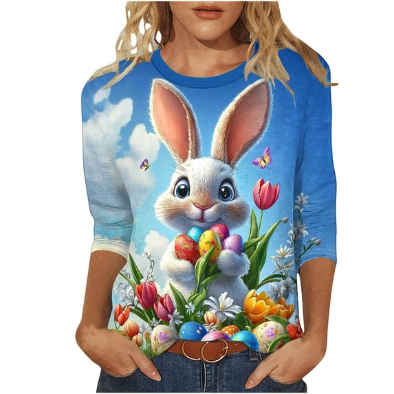 Idoravan Womens Tops Plus Size 3X Easter Shirts for Women Plus Size Women's Fashion Easter Printed T-shirt 3/4 Sleeves Blouse Round Neck Casual Top