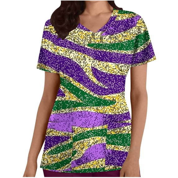Idoravan Womens Tops Short Sleeve Blouse Scrubs For Women Tops Carnival Print Shirt V Neck Cartoon Pattern Short Sleeve Nursing Uniform with Pockets Work Tops Purple L