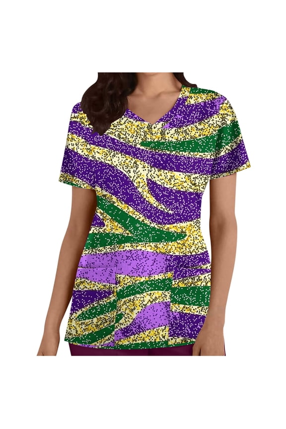 Womens Tops Short Sleeve with Graphics Scrubs For Women Tops Carnival Print Shirt V Neck Cartoon Pattern Short Sleeve Nursing Uniform with Pockets Work Tops Purple S
