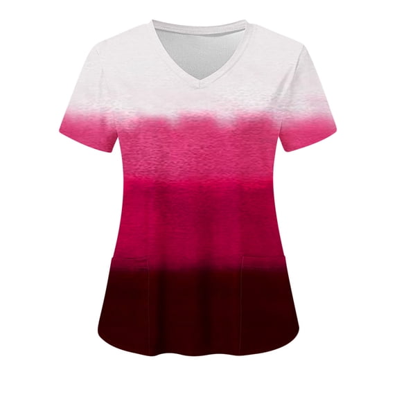 Idoravan Womens Tops Short Sleeve Summer Scrubs For Women Tops Women's Fashion Short Sleeve V-Neck Tops Working Uniform Printing Pocket Blouse Tops Nursing Uniform with Pockets Hot Pink M