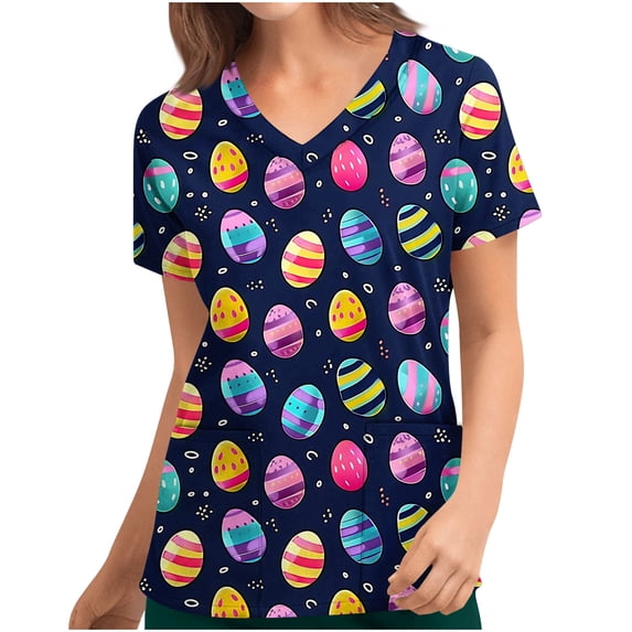 Idoravan Womens Tops Short Sleeve Summer Women's Scrub Tops Women's V-Neck Ribbon Christmas Printed Short Sleeve Pocket Protective Clothing Top Nursing Uniform Tops with Pockets Multicolor M