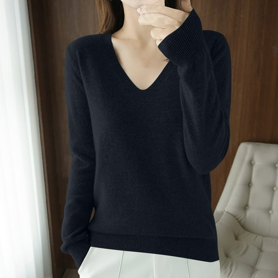 Idoravan Womens Tshirts V Neck Long Sleeve Tops Tee Solid Color Blouse Women's Fashion V-Neck Long Sleeve Loose Solid Color Blouse Black XXL