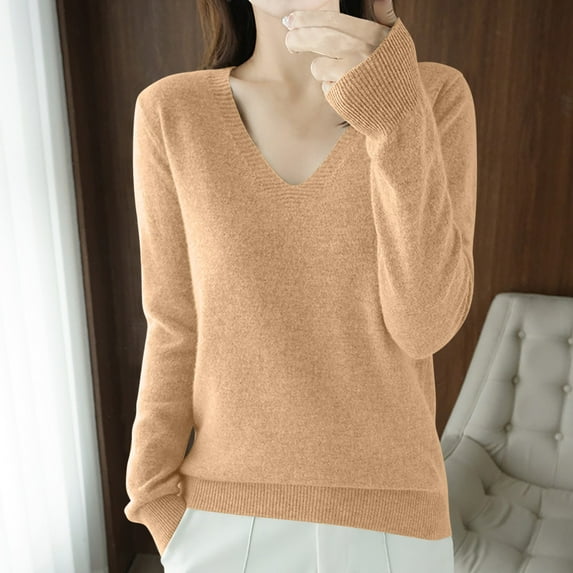 Idoravan Womens Tshirts V Neck Long Sleeve Tops Tee Solid Color Blouse Women's Fashion V-Neck Long Sleeve Loose Solid Color Blouse Khaki M